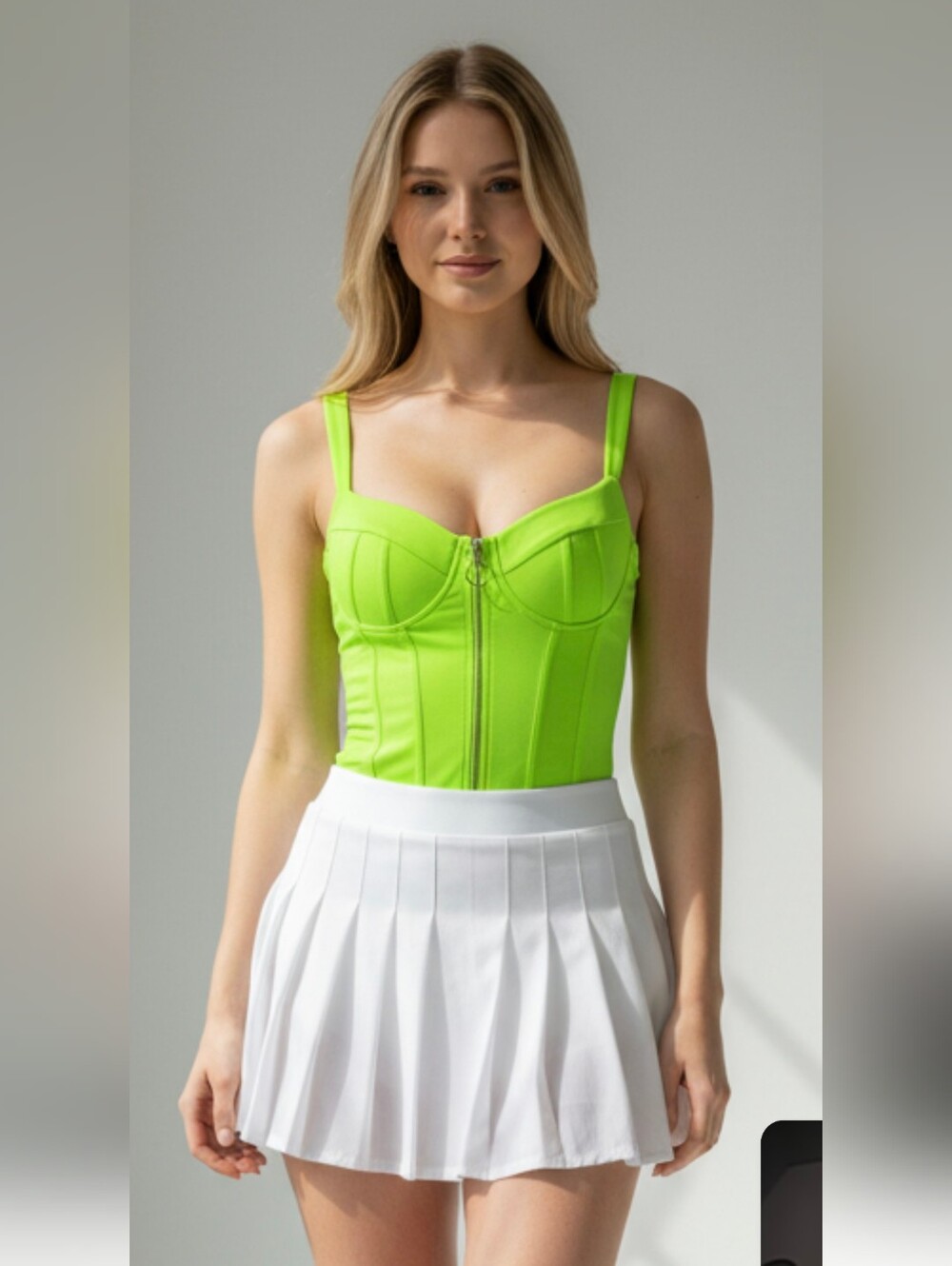 Neon Lime Bustier Body Suit Built In Bra with Front Zip Size Medium
